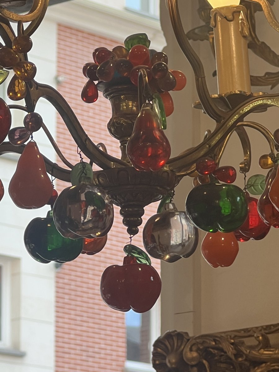 Lustre Murano avec monture en laiton doré et grappes de raisins et fruits en verre de couleur-photo-3