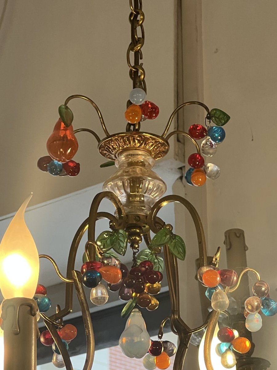 Lustre Murano avec monture en laiton doré et grappes de raisins et fruits en verre de couleur-photo-4