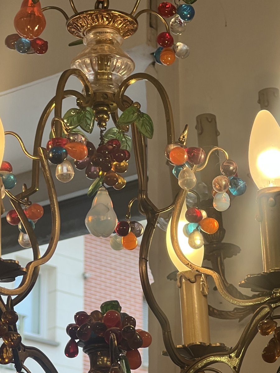 Lustre Murano avec monture en laiton doré et grappes de raisins et fruits en verre de couleur-photo-5