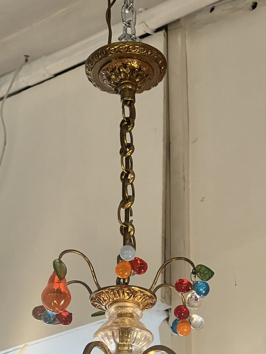 Lustre Murano avec monture en laiton doré et grappes de raisins et fruits en verre de couleur-photo-7