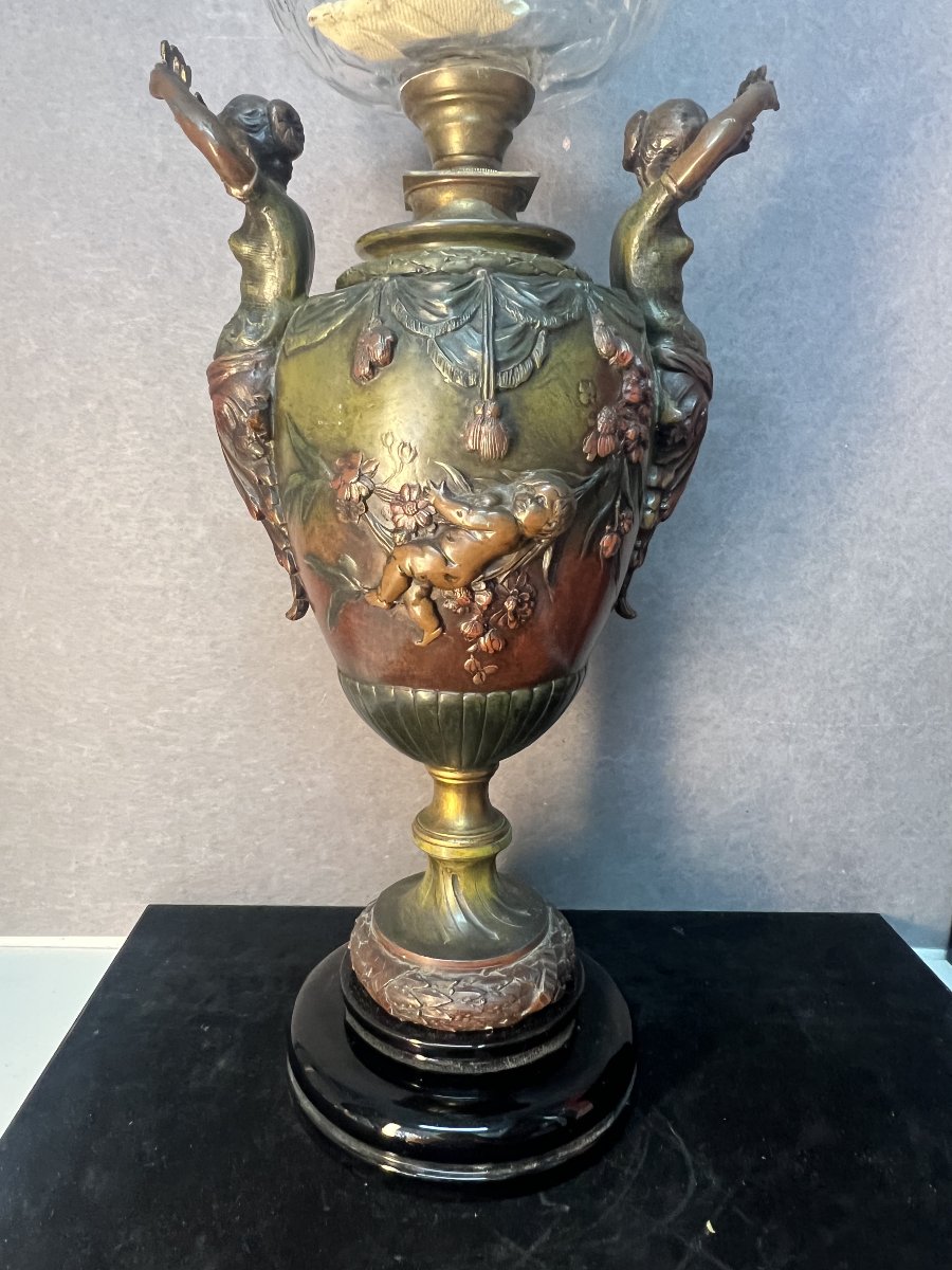 Antique Pewter Oil Lamp, Decorated With Caryatids, Putti, And Flowers, Baccarat Crystal-photo-2