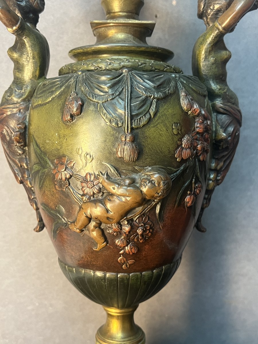 Antique Pewter Oil Lamp, Decorated With Caryatids, Putti, And Flowers, Baccarat Crystal-photo-3
