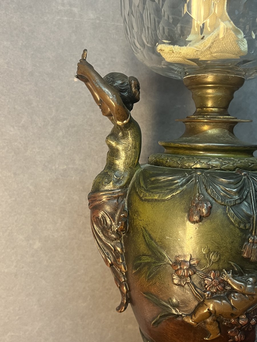 Antique Pewter Oil Lamp, Decorated With Caryatids, Putti, And Flowers, Baccarat Crystal-photo-1