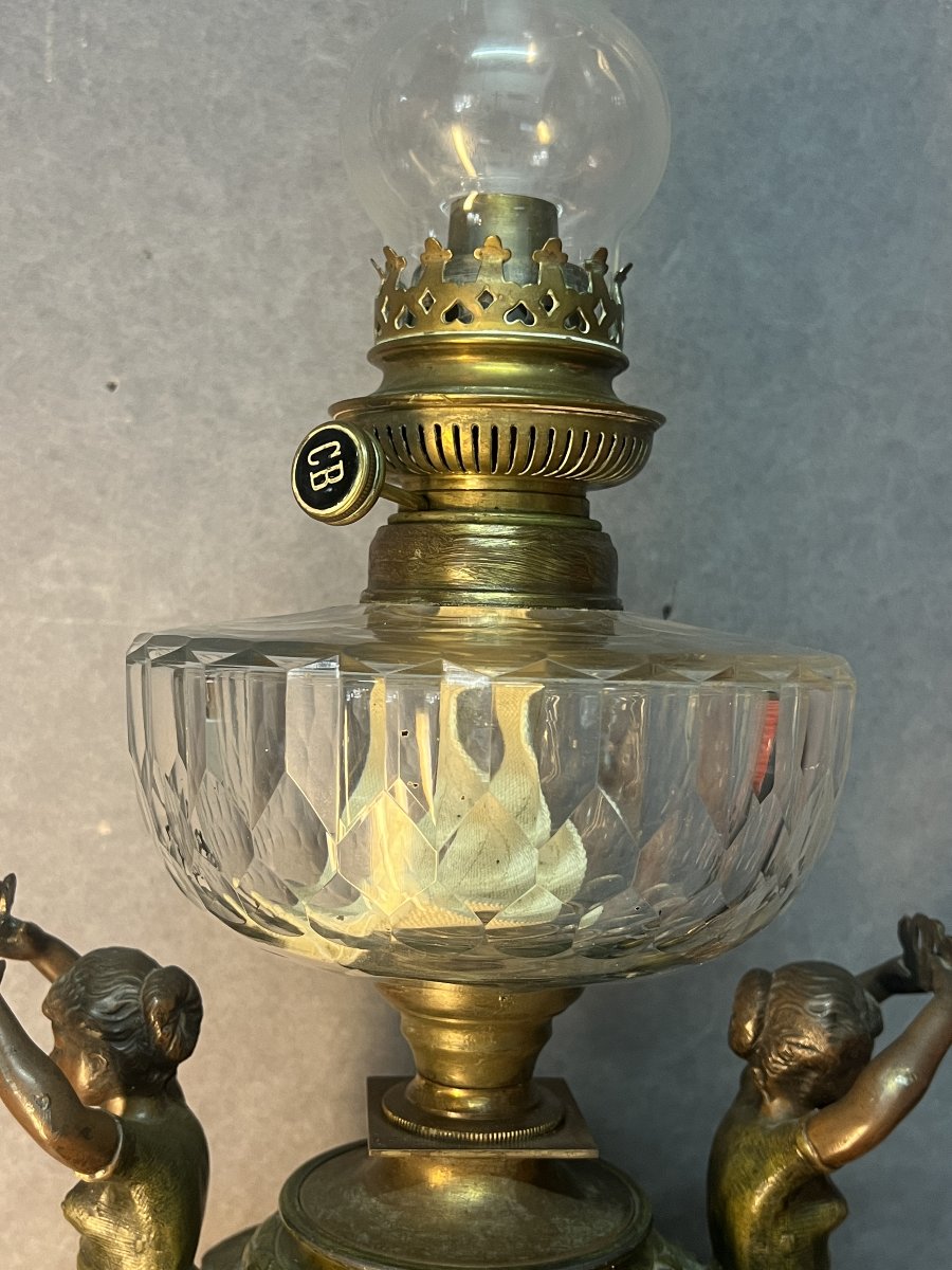 Antique Pewter Oil Lamp, Decorated With Caryatids, Putti, And Flowers, Baccarat Crystal-photo-2