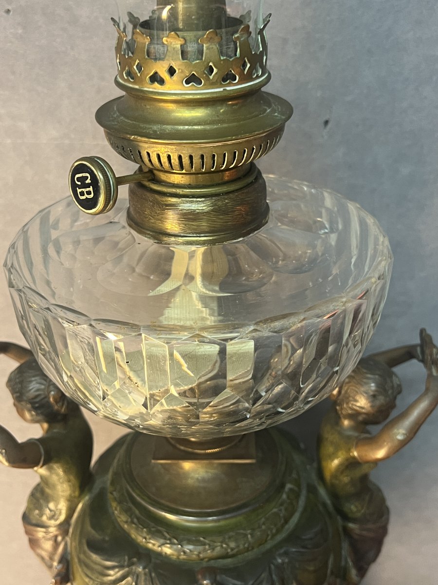 Antique Pewter Oil Lamp, Decorated With Caryatids, Putti, And Flowers, Baccarat Crystal-photo-3