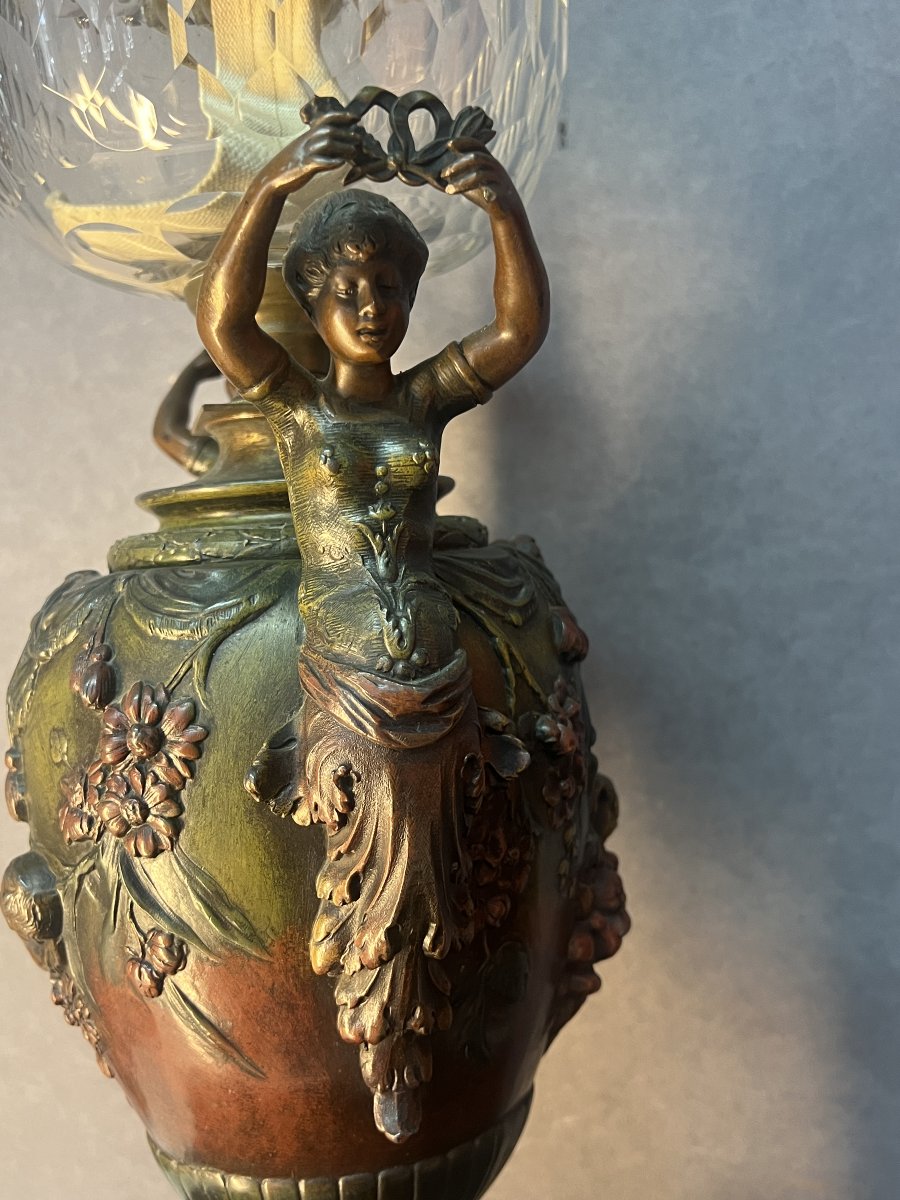 Antique Pewter Oil Lamp, Decorated With Caryatids, Putti, And Flowers, Baccarat Crystal-photo-4