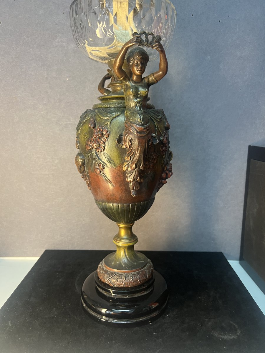 Antique Pewter Oil Lamp, Decorated With Caryatids, Putti, And Flowers, Baccarat Crystal-photo-5