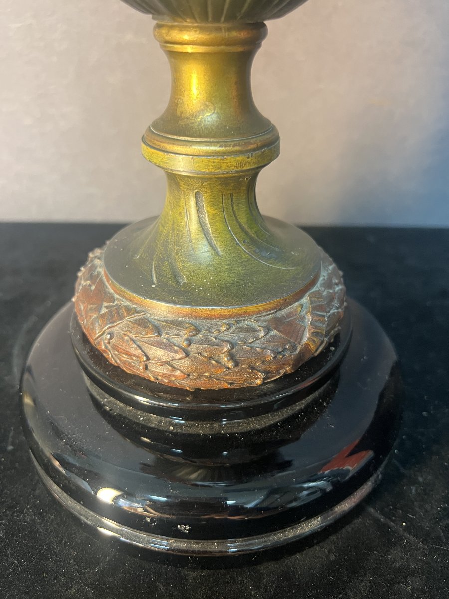 Antique Pewter Oil Lamp, Decorated With Caryatids, Putti, And Flowers, Baccarat Crystal-photo-8