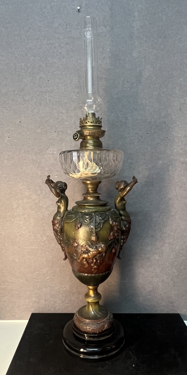 Antique Pewter Oil Lamp, Decorated With Caryatids, Putti, And Flowers, Baccarat Crystal