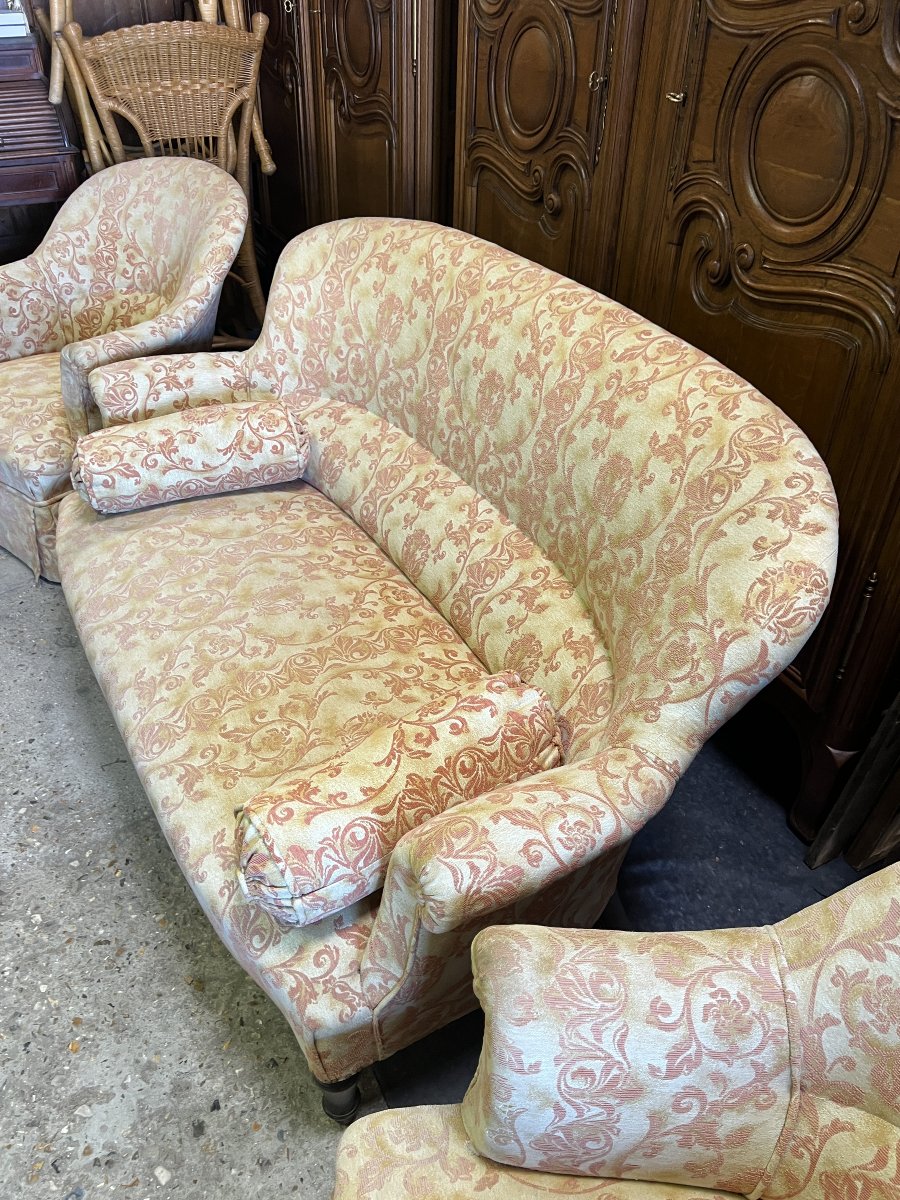 Salon Crapaud ancien de 3 pièces recouvert d’un beau velours, canapé et fauteuils-photo-2
