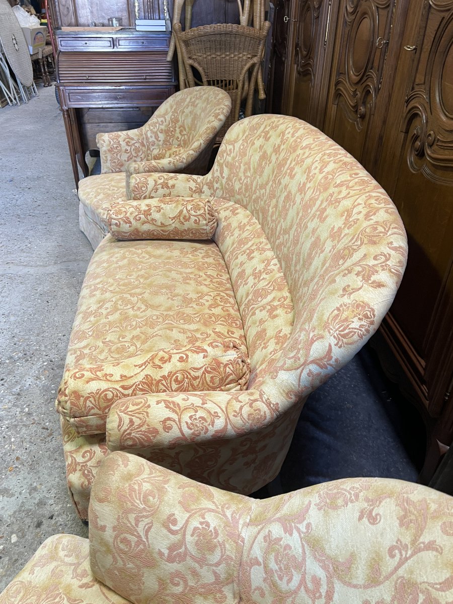 Salon Crapaud ancien de 3 pièces recouvert d’un beau velours, canapé et fauteuils-photo-3