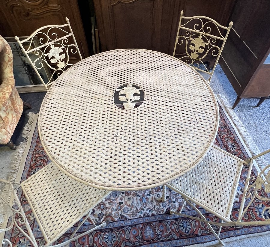 Salon de jardin ou de terrasse pliable en tôle et fer forgé tréssé et ajouré, 5 pièces-photo-2