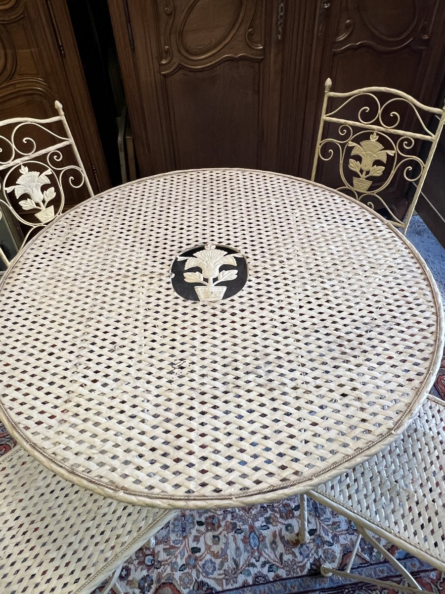 Salon de jardin ou de terrasse pliable en tôle et fer forgé tréssé et ajouré, 5 pièces-photo-3