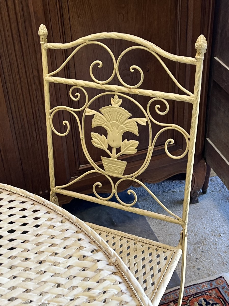Salon de jardin ou de terrasse pliable en tôle et fer forgé tréssé et ajouré, 5 pièces-photo-1