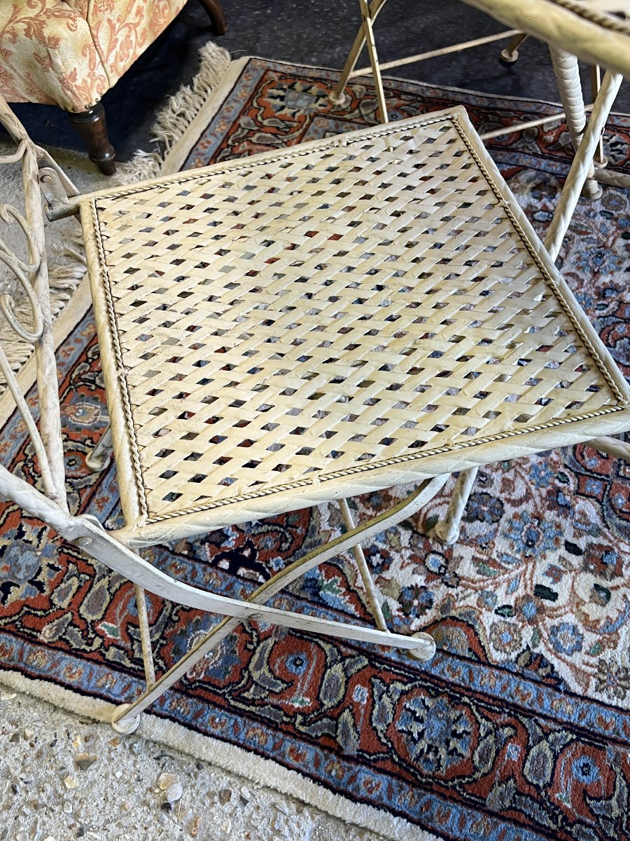 Salon de jardin ou de terrasse pliable en tôle et fer forgé tréssé et ajouré, 5 pièces-photo-2