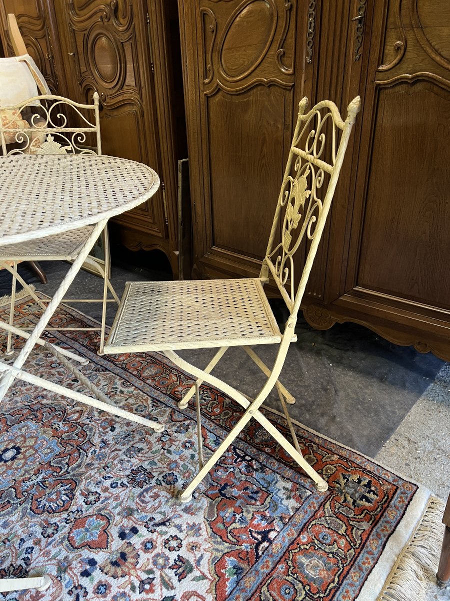 Salon de jardin ou de terrasse pliable en tôle et fer forgé tréssé et ajouré, 5 pièces-photo-4