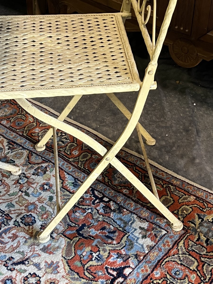 Salon de jardin ou de terrasse pliable en tôle et fer forgé tréssé et ajouré, 5 pièces-photo-5