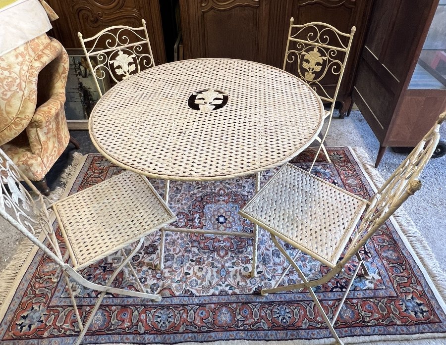 Salon de jardin ou de terrasse pliable en tôle et fer forgé tréssé et ajouré, 5 pièces