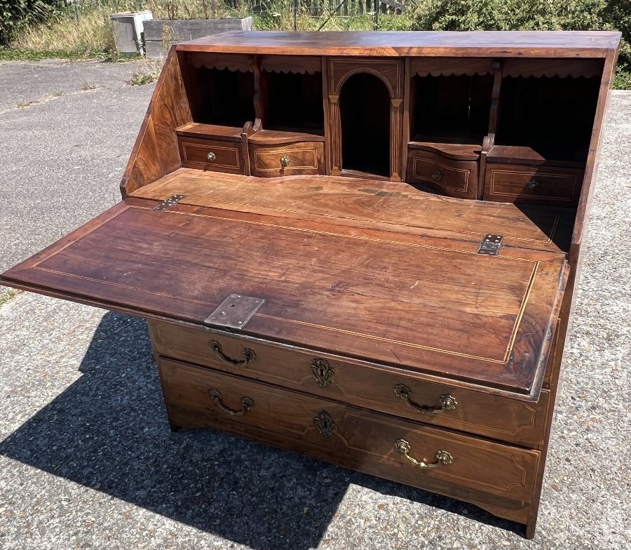 Scriban Chest Of Drawers, A Masterpiece Of Solid Cherry Wood Marquetry, Late 18th Century, Early 19th Century-photo-6