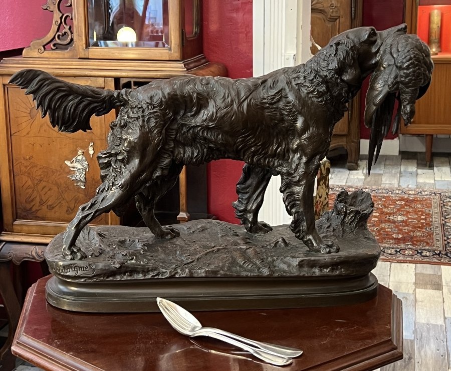 Patinated Bronze Animal Sculpture, "spaniel With Pheasant," By Jules Moigniez, 50 Cm.-photo-2