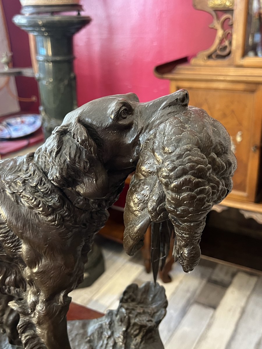 Patinated Bronze Animal Sculpture, "spaniel With Pheasant," By Jules Moigniez, 50 Cm.-photo-4