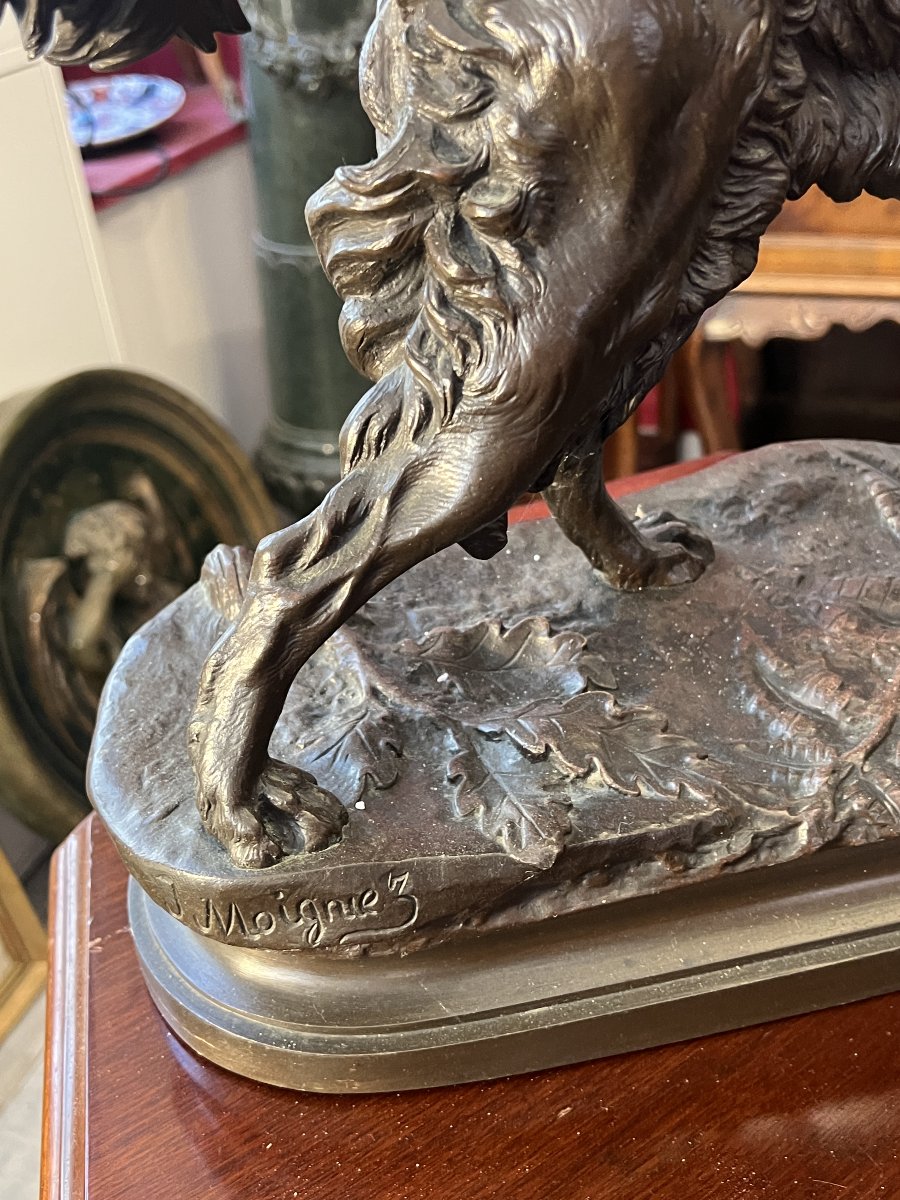 Patinated Bronze Animal Sculpture, "spaniel With Pheasant," By Jules Moigniez, 50 Cm.-photo-4