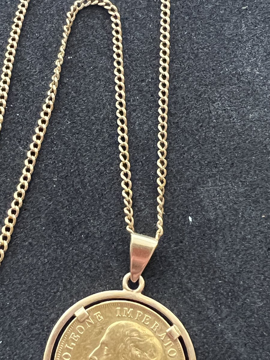 Chaîne de cou à mailles gourmette en or jaune 18 K, médaille Pièce 40 lire Italie, poids 28.4 g-photo-1