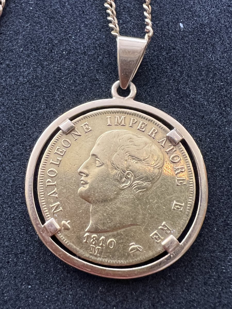 Chaîne de cou à mailles gourmette en or jaune 18 K, médaille Pièce 40 lire Italie, poids 28.4 g-photo-2