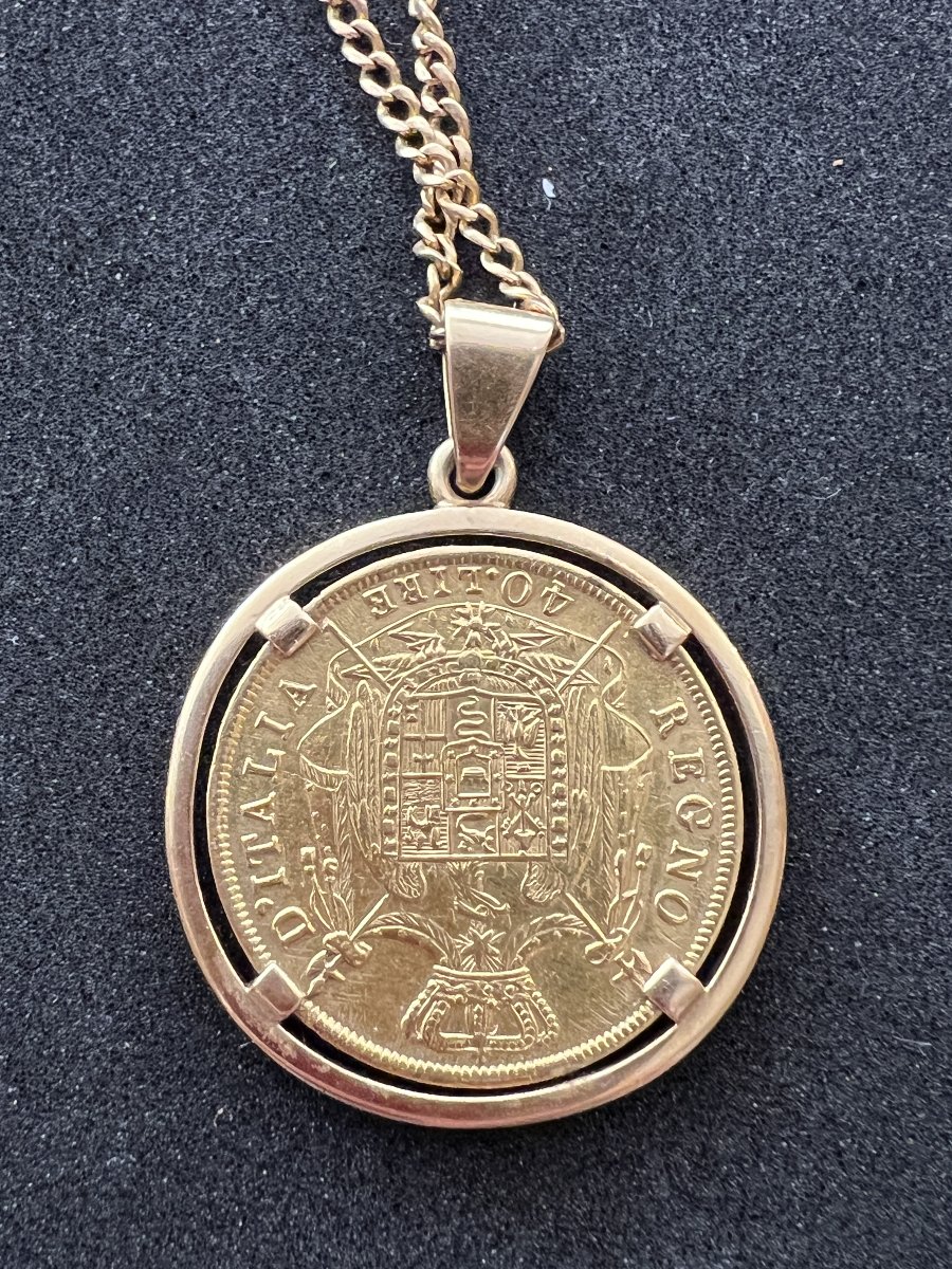 Chaîne de cou à mailles gourmette en or jaune 18 K, médaille Pièce 40 lire Italie, poids 28.4 g-photo-3
