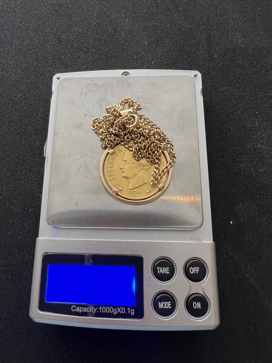 Chaîne de cou à mailles gourmette en or jaune 18 K, médaille Pièce 40 lire Italie, poids 28.4 g-photo-7