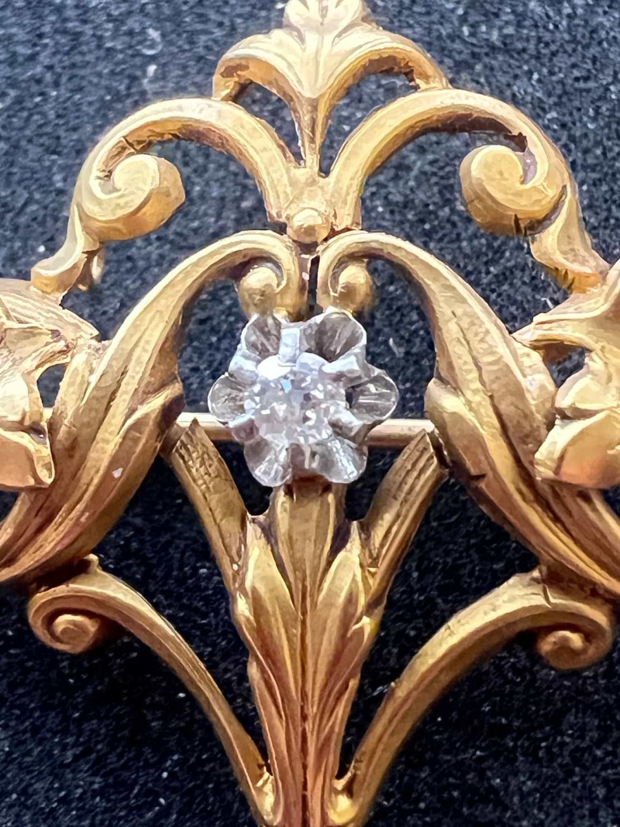 Broche ancienne art nouveau ajourée, en or de 18 carats et deux diamants testés-photo-3