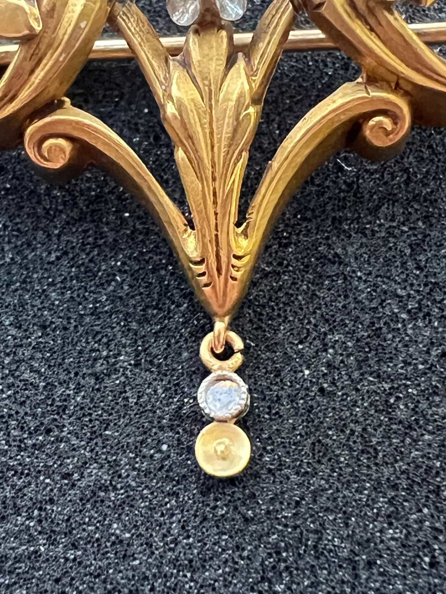 Broche ancienne art nouveau ajourée, en or de 18 carats et deux diamants testés-photo-1