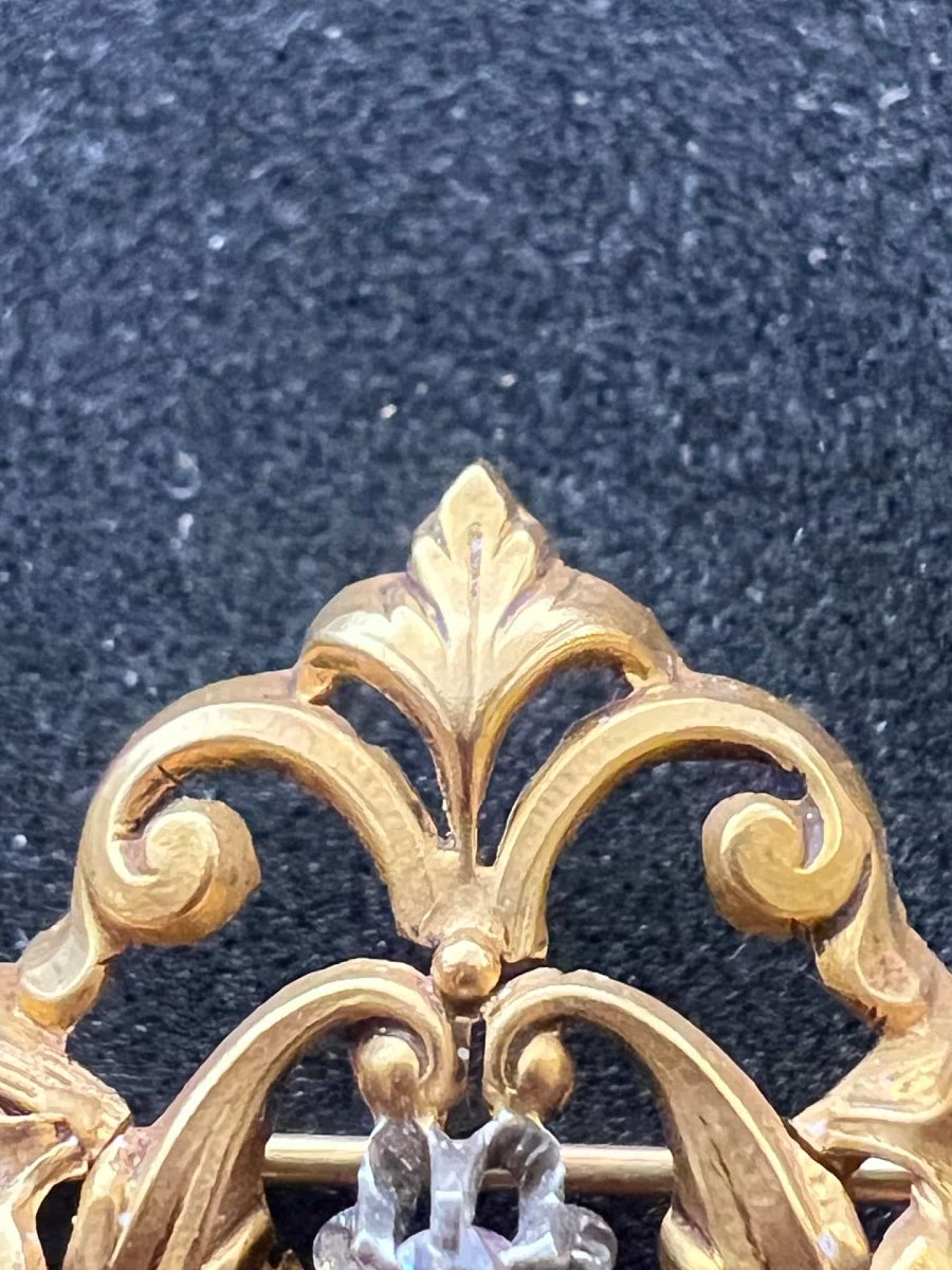 Broche ancienne art nouveau ajourée, en or de 18 carats et deux diamants testés-photo-2