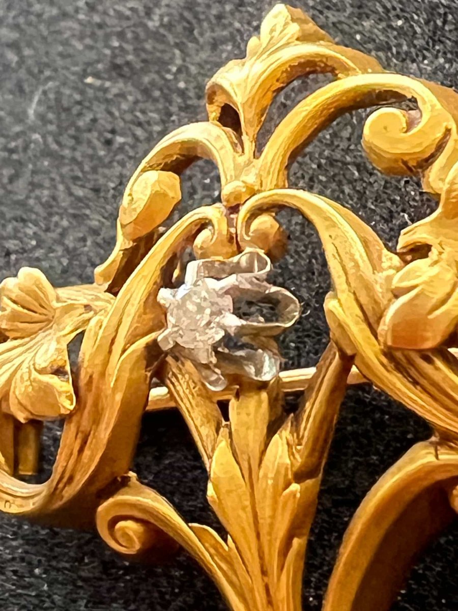 Broche ancienne art nouveau ajourée, en or de 18 carats et deux diamants testés-photo-3