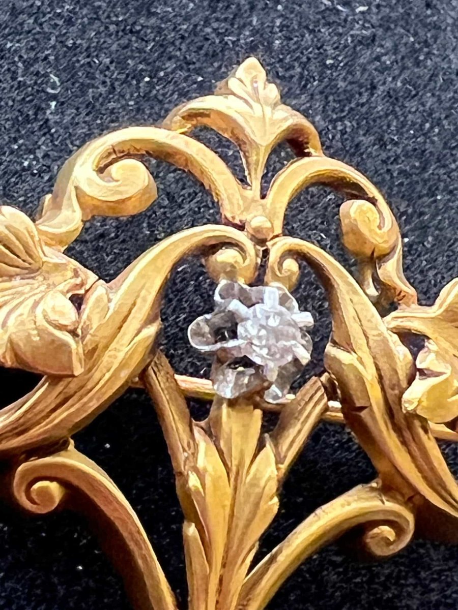 Broche ancienne art nouveau ajourée, en or de 18 carats et deux diamants testés-photo-4