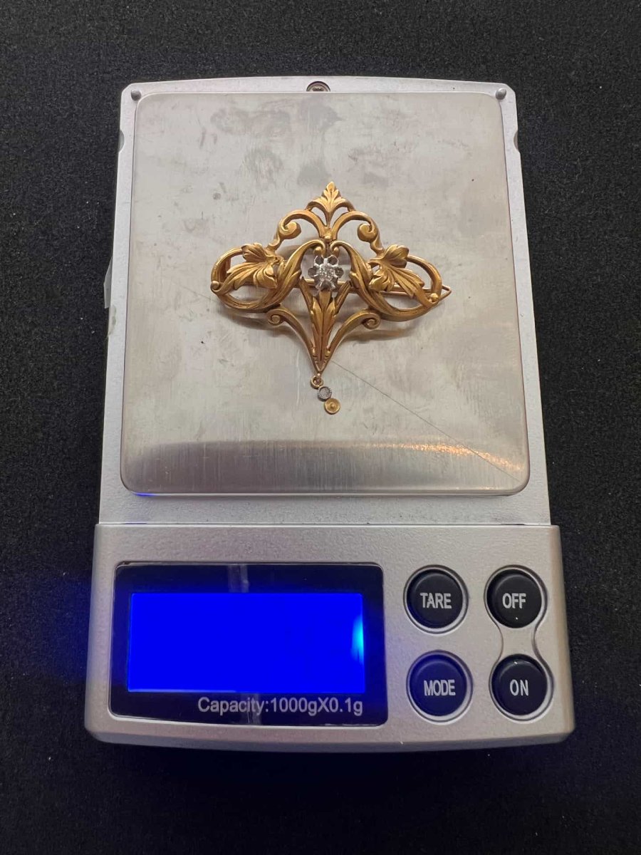 Broche ancienne art nouveau ajourée, en or de 18 carats et deux diamants testés-photo-8