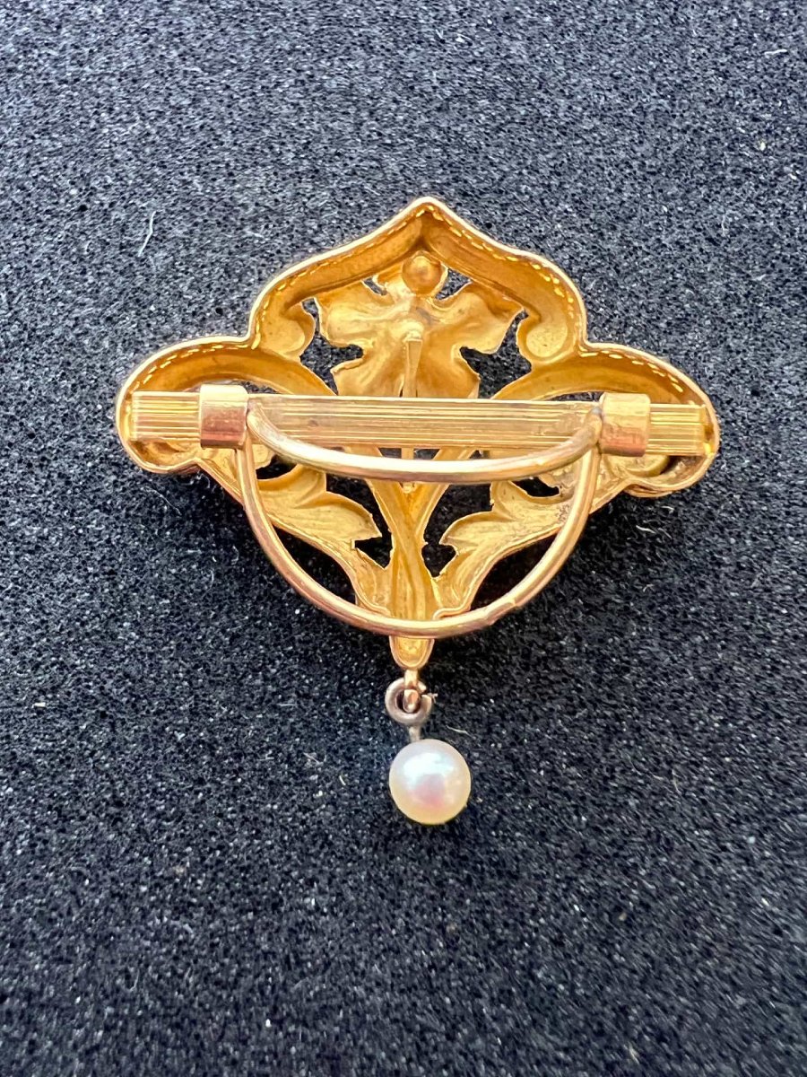 Broche ancienne art nouveau ajourée, en or de 18 carats, rubis et perles de culture-photo-2