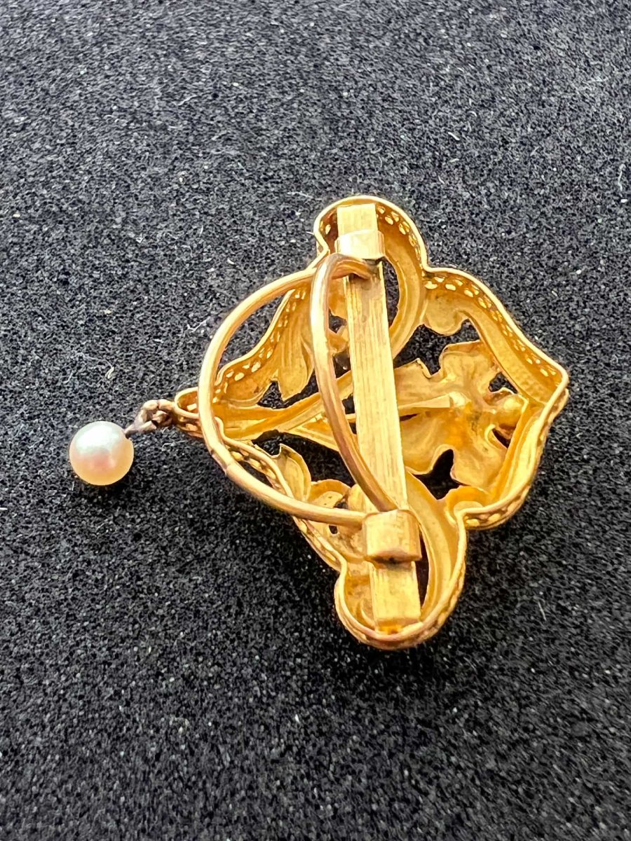 Broche ancienne art nouveau ajourée, en or de 18 carats, rubis et perles de culture-photo-3