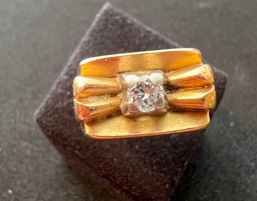 Bague Tank Art Déco en Or Jaune 18 Carats, Diamant Central, Années vers 1940, taille 54-photo-2