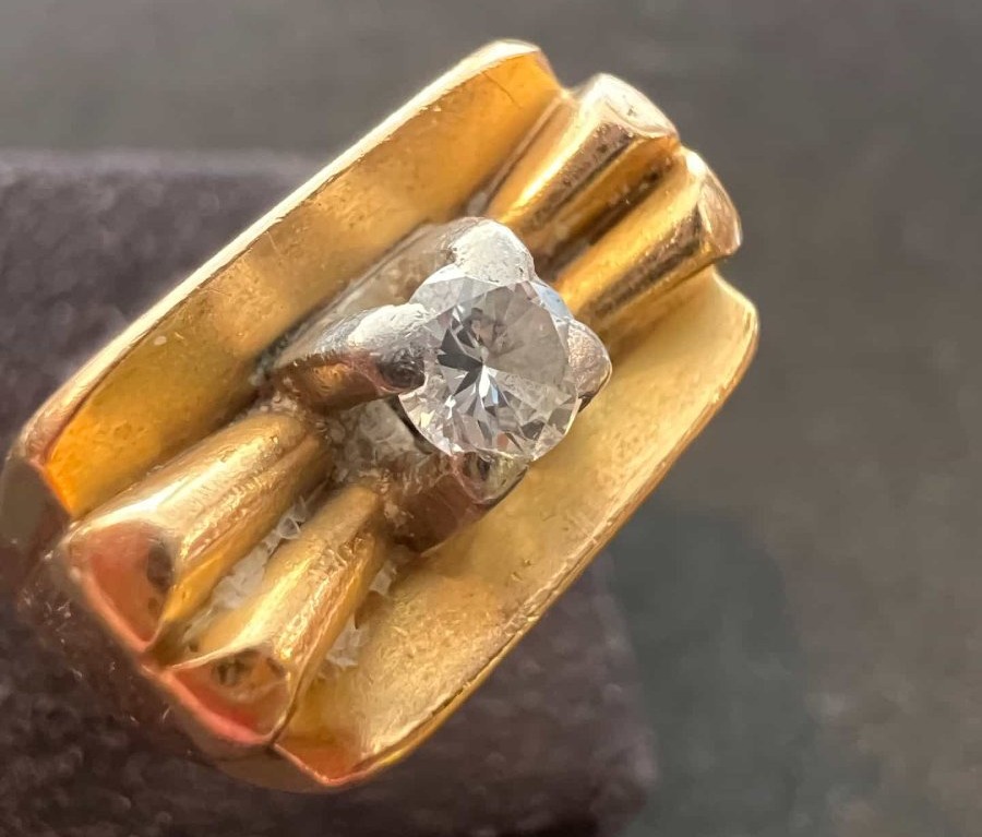 Bague Tank Art Déco en Or Jaune 18 Carats, Diamant Central, Années vers 1940, taille 54-photo-3