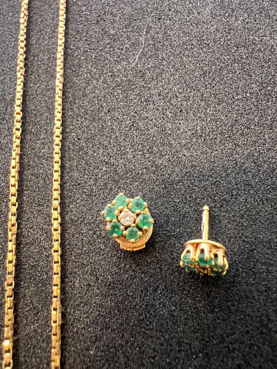 3-piece Set In 18-karat Yellow Gold With Diamonds And Emeralds, Necklace + Earrings-photo-4