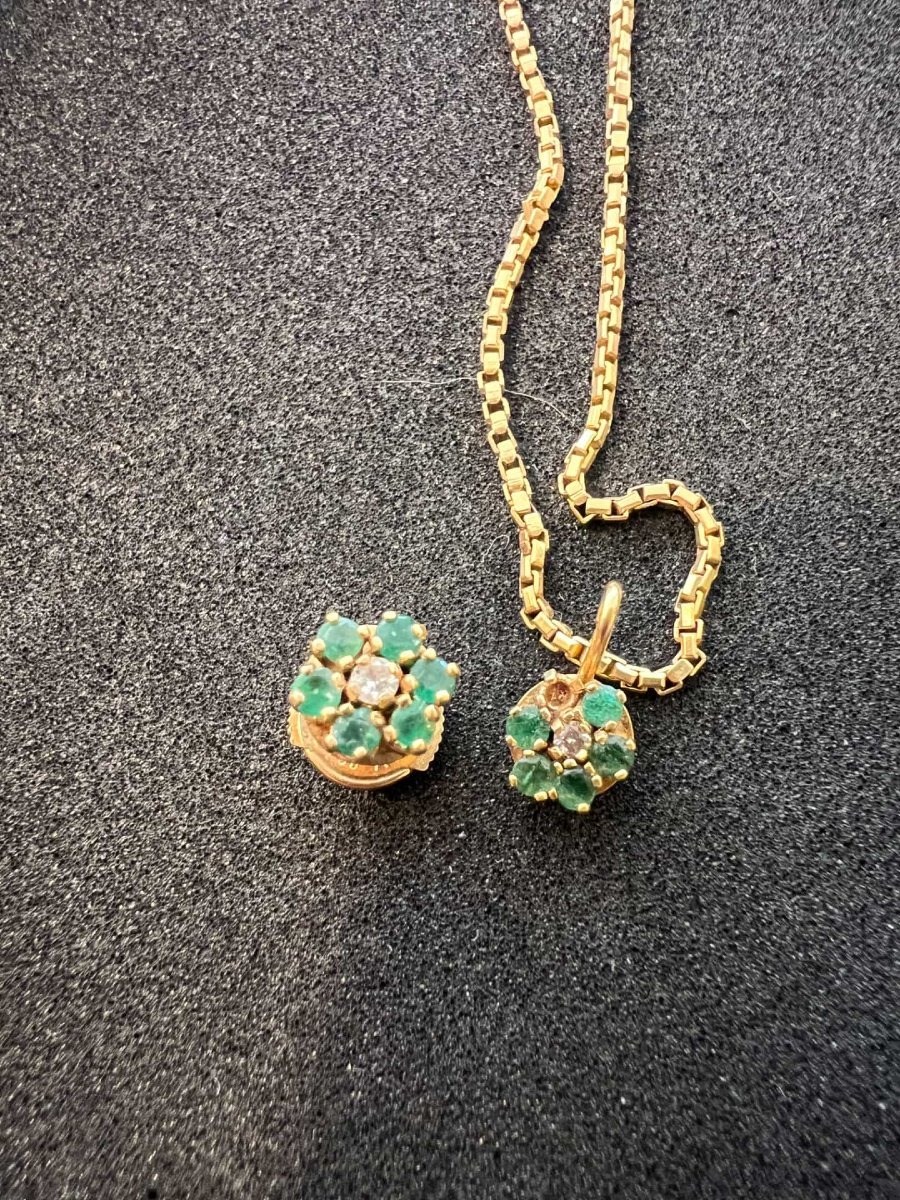 3-piece Set In 18-karat Yellow Gold With Diamonds And Emeralds, Necklace + Earrings-photo-7