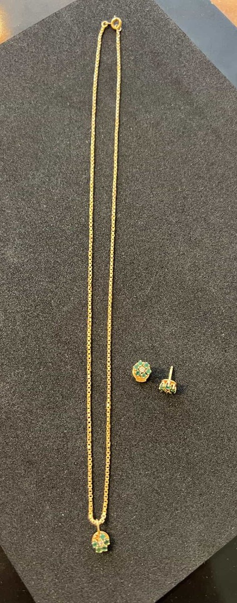 3-piece Set In 18-karat Yellow Gold With Diamonds And Emeralds, Necklace + Earrings