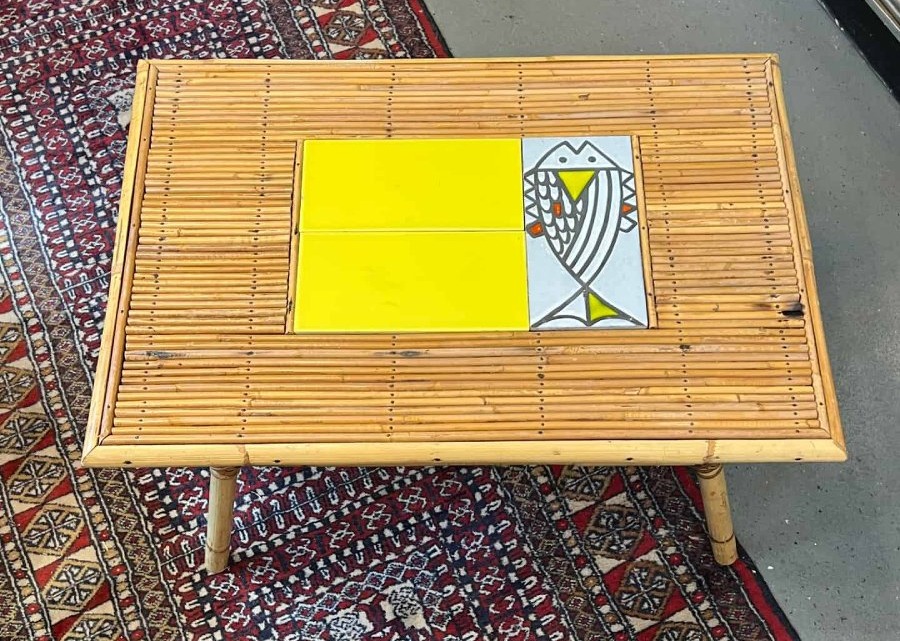 Rattan Coffee Table By Audoux-minnet And Ceramic Piece By Roger Capron-photo-2