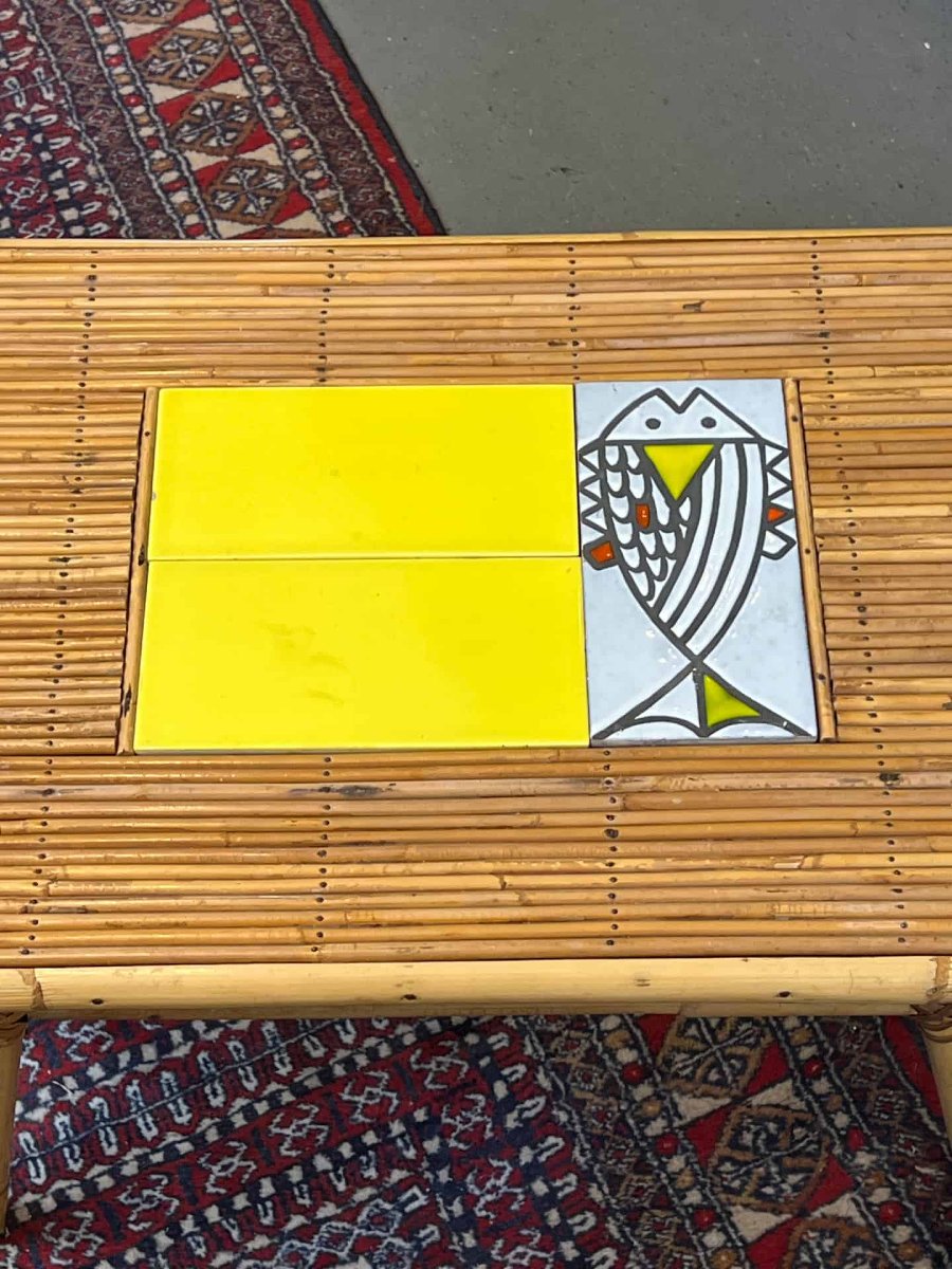 Rattan Coffee Table By Audoux-minnet And Ceramic Piece By Roger Capron-photo-3