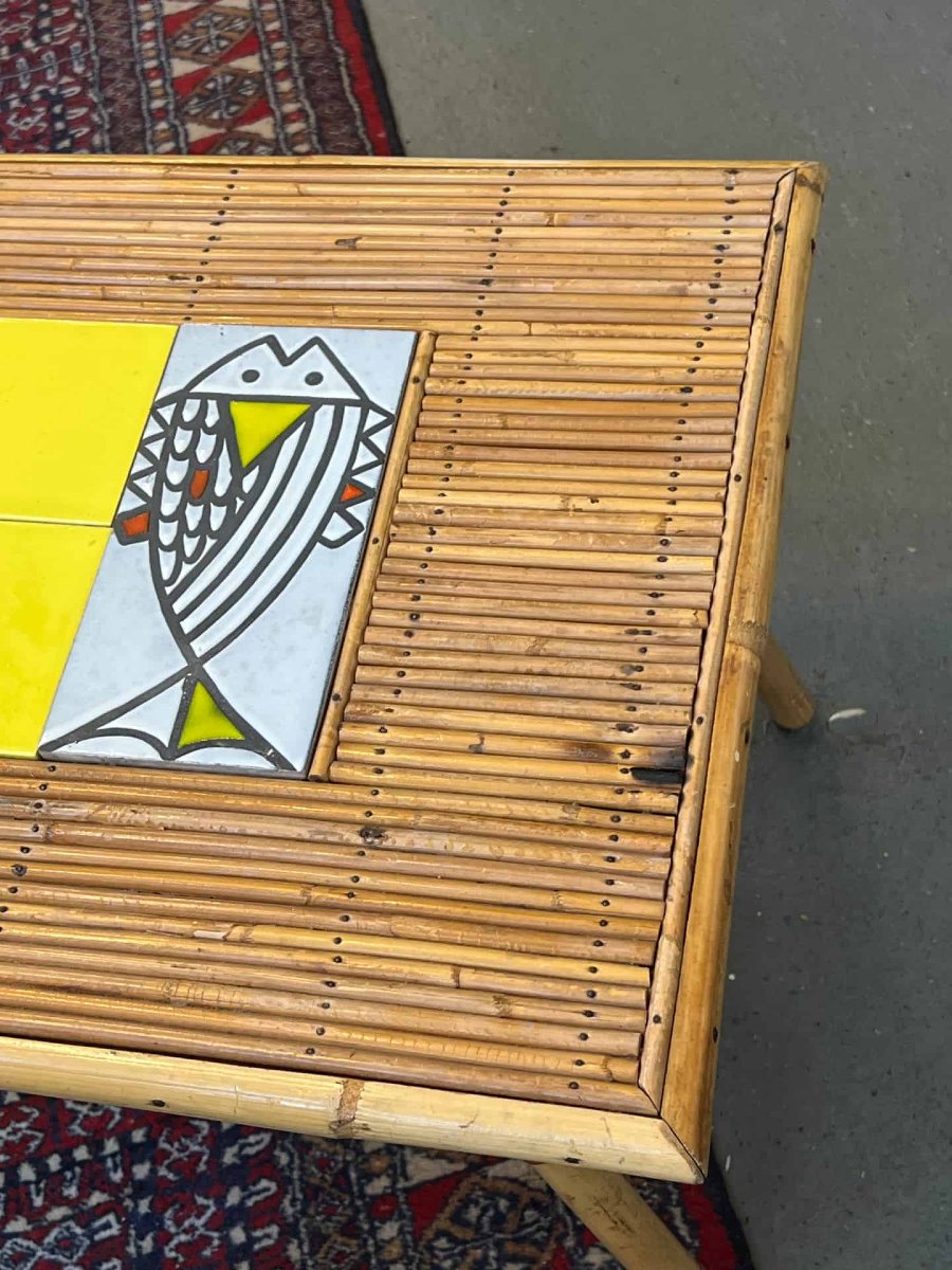 Rattan Coffee Table By Audoux-minnet And Ceramic Piece By Roger Capron-photo-2