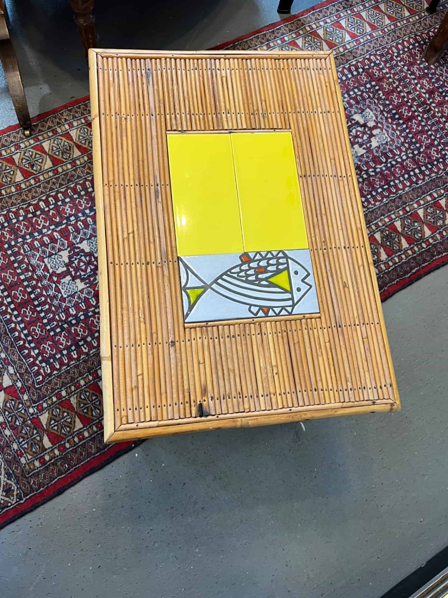 Rattan Coffee Table By Audoux-minnet And Ceramic Piece By Roger Capron-photo-3