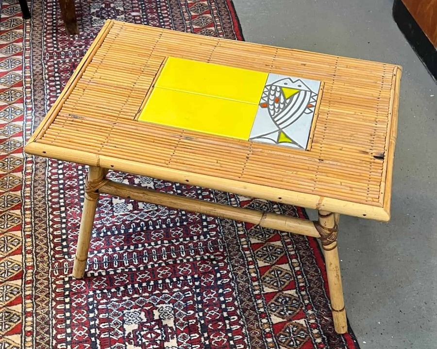 Rattan Coffee Table By Audoux-minnet And Ceramic Piece By Roger Capron