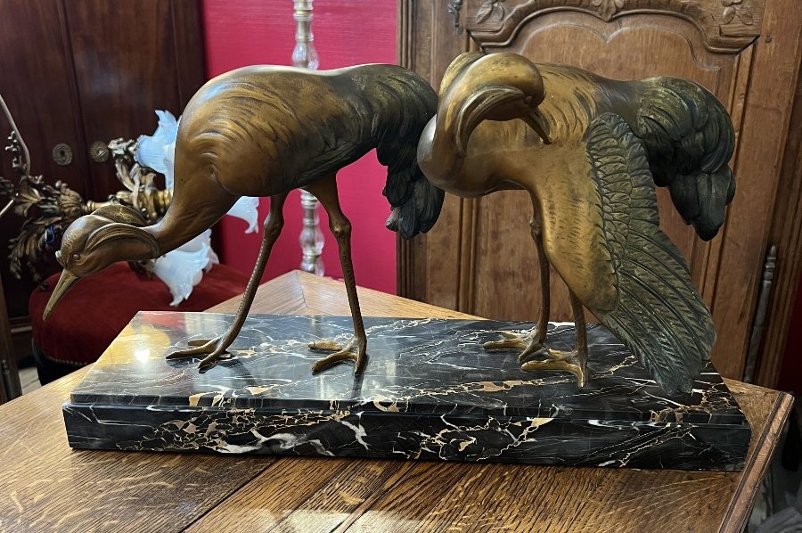 Importante sculpture en bronze Art Déco de Georges-Henri Laurent (1880-1940) scène deux oiseaux