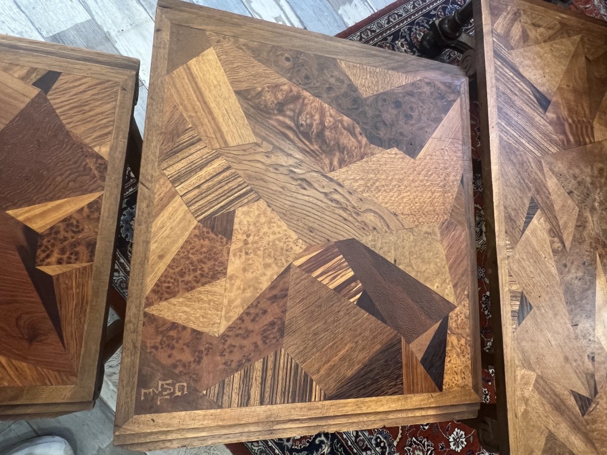 Série de tables Gigogne en bois de placage et marqueterie géométrique d'Emile GALLE vers 1900-photo-5